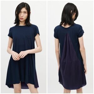 Sacai Luck Navy Blue Mixed Media Pleated Back Shirt Dress Short Sleeve Medium